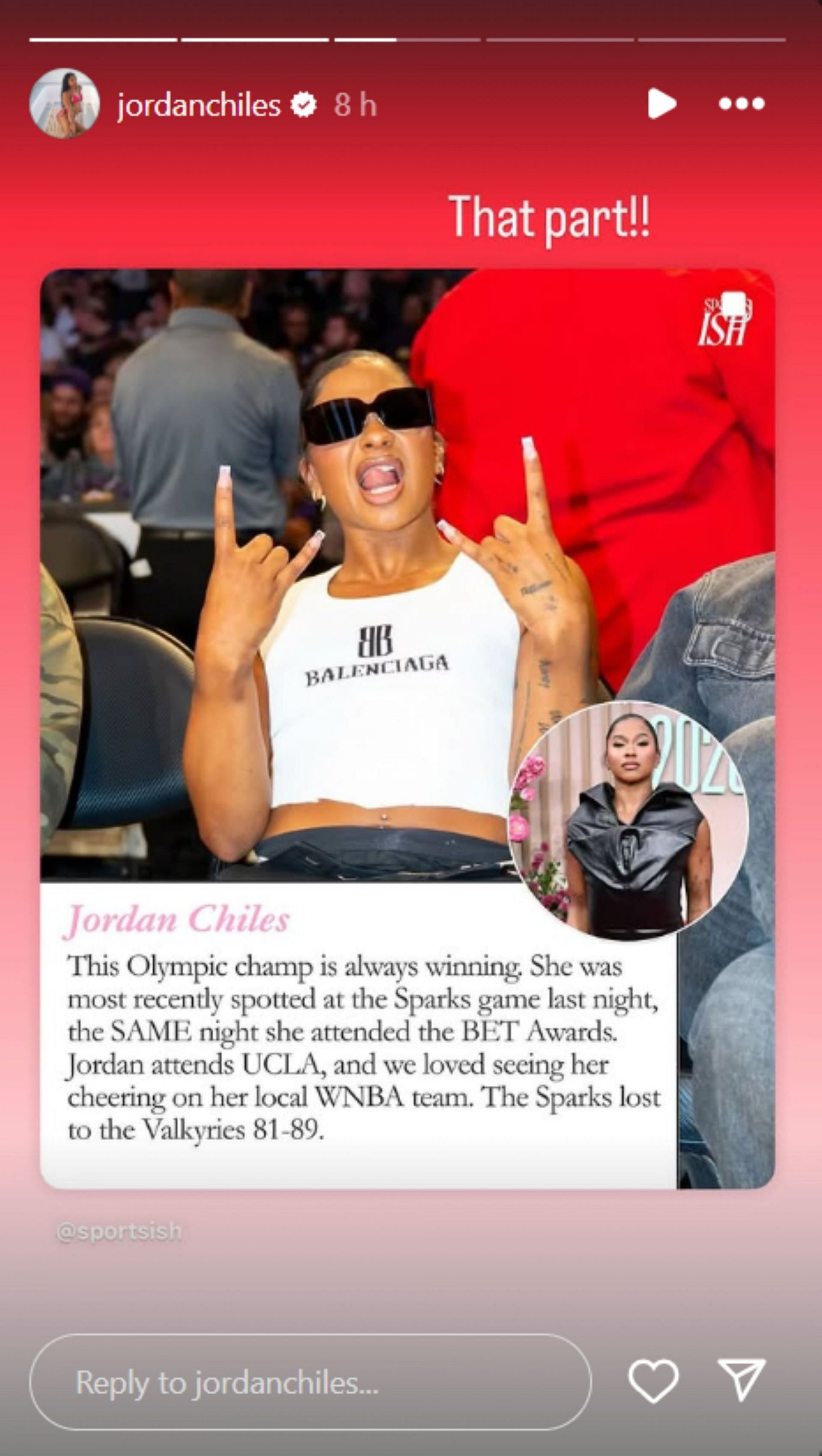 Jordan Chiles reacts to a shout out she received at WNBA game; Instagram - @jordanchiles